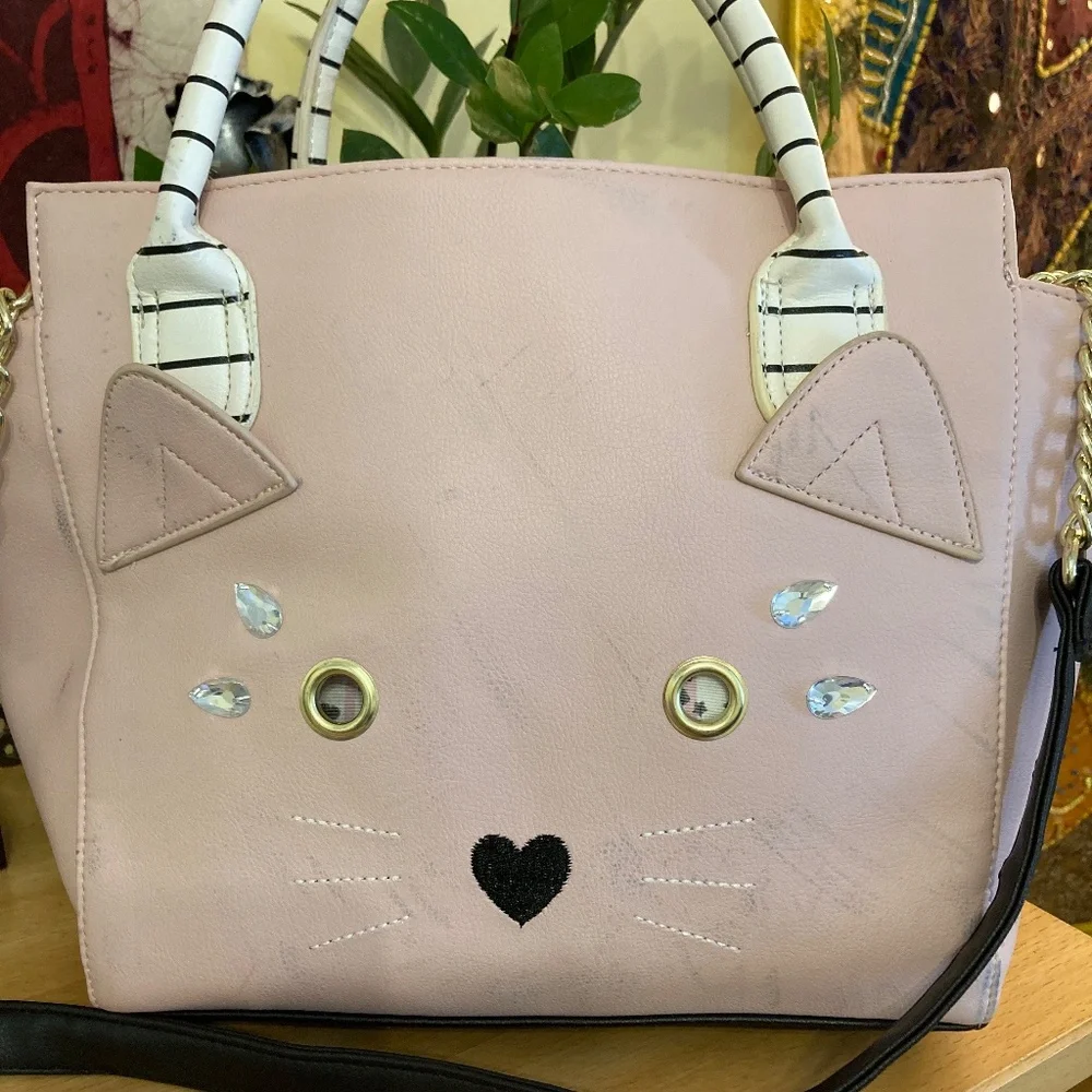Luv Betsey Cat Face Tote Satchel Crossbody Purse Chain Strap Bag Charm
